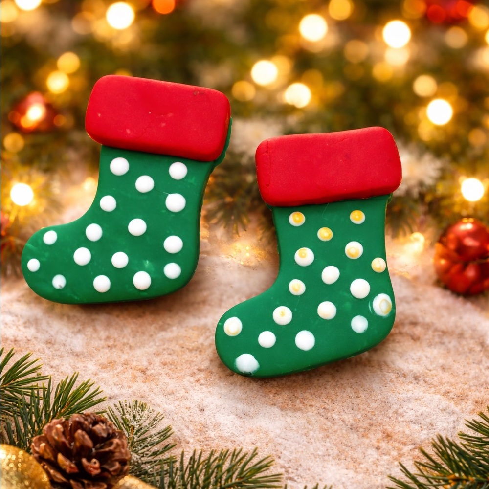 Festive Green and Red Polka Dot Stocking Handmade Polymer Clay Earrings